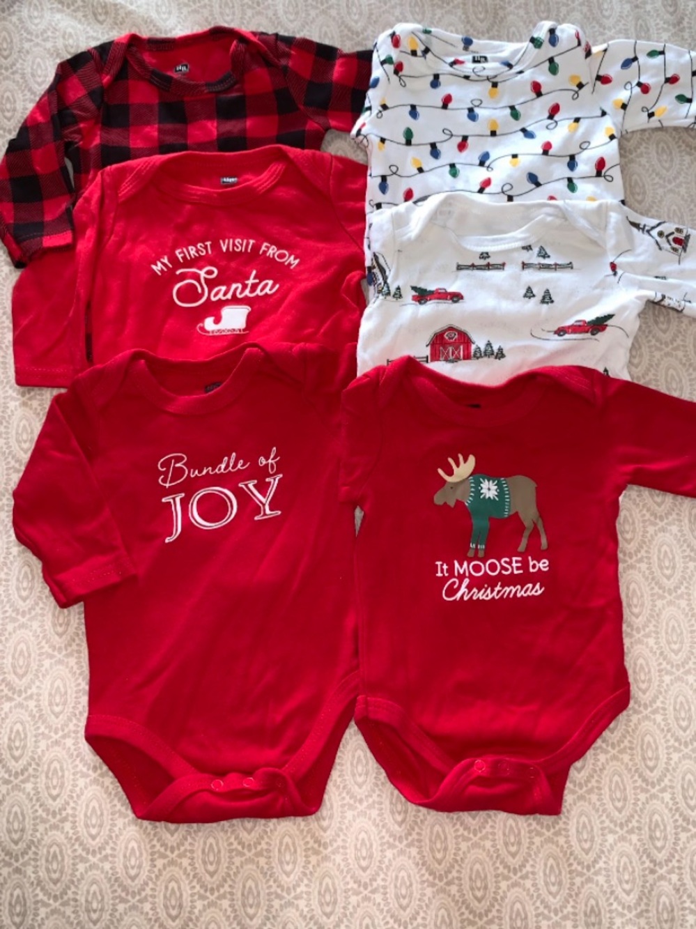 Hudson Baby Red Holiday One-Piece Bodysuit Set with Plaid & Light String Prints